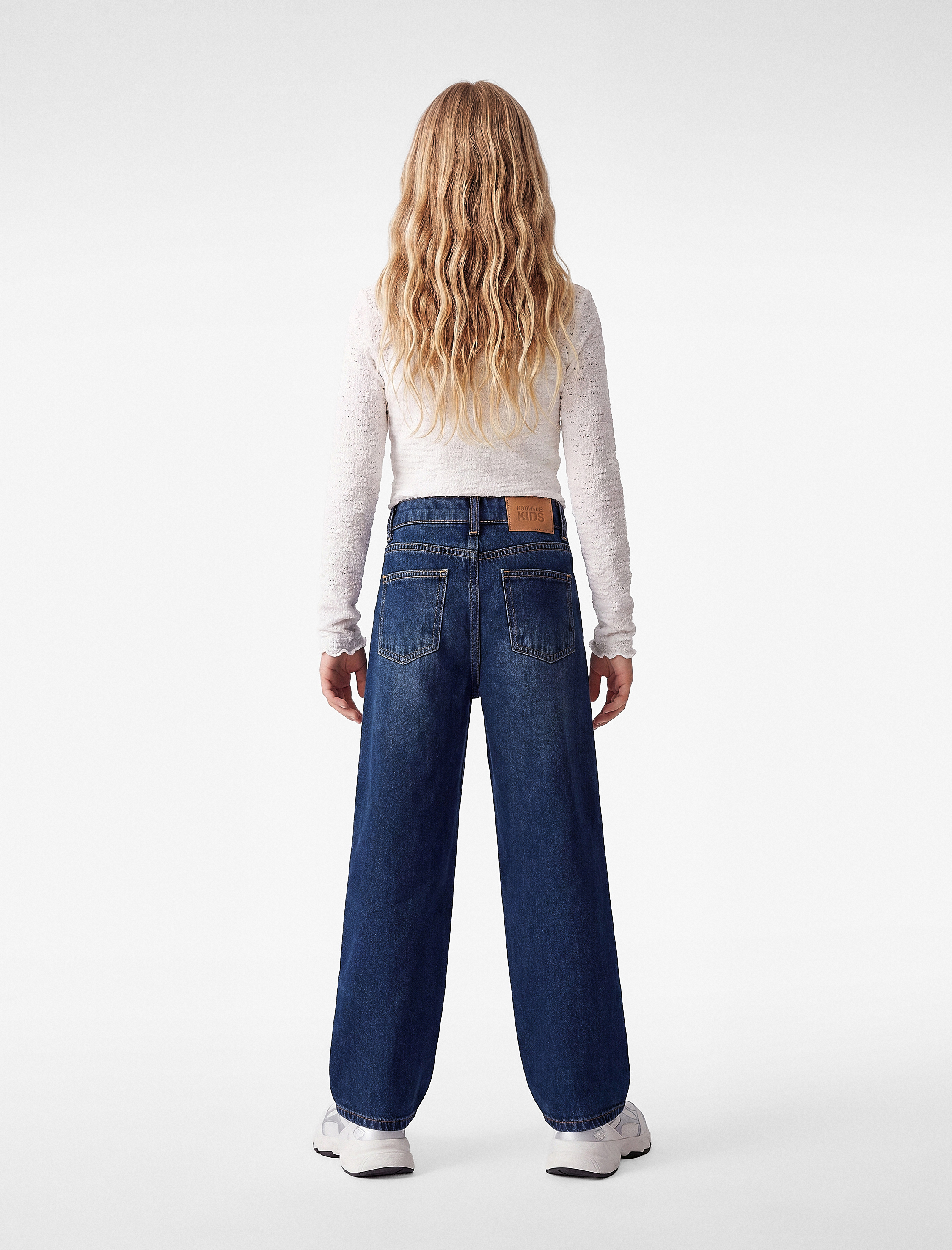  Kız Çocuk Pamuklu Cepli Geniş Paça Denim Pantolon