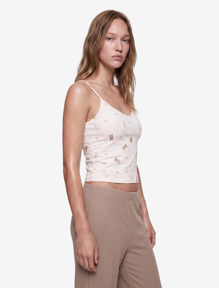  Ayıcık Baskılı Dantel Detaylı V Yaka Askılı Pijama Üstü