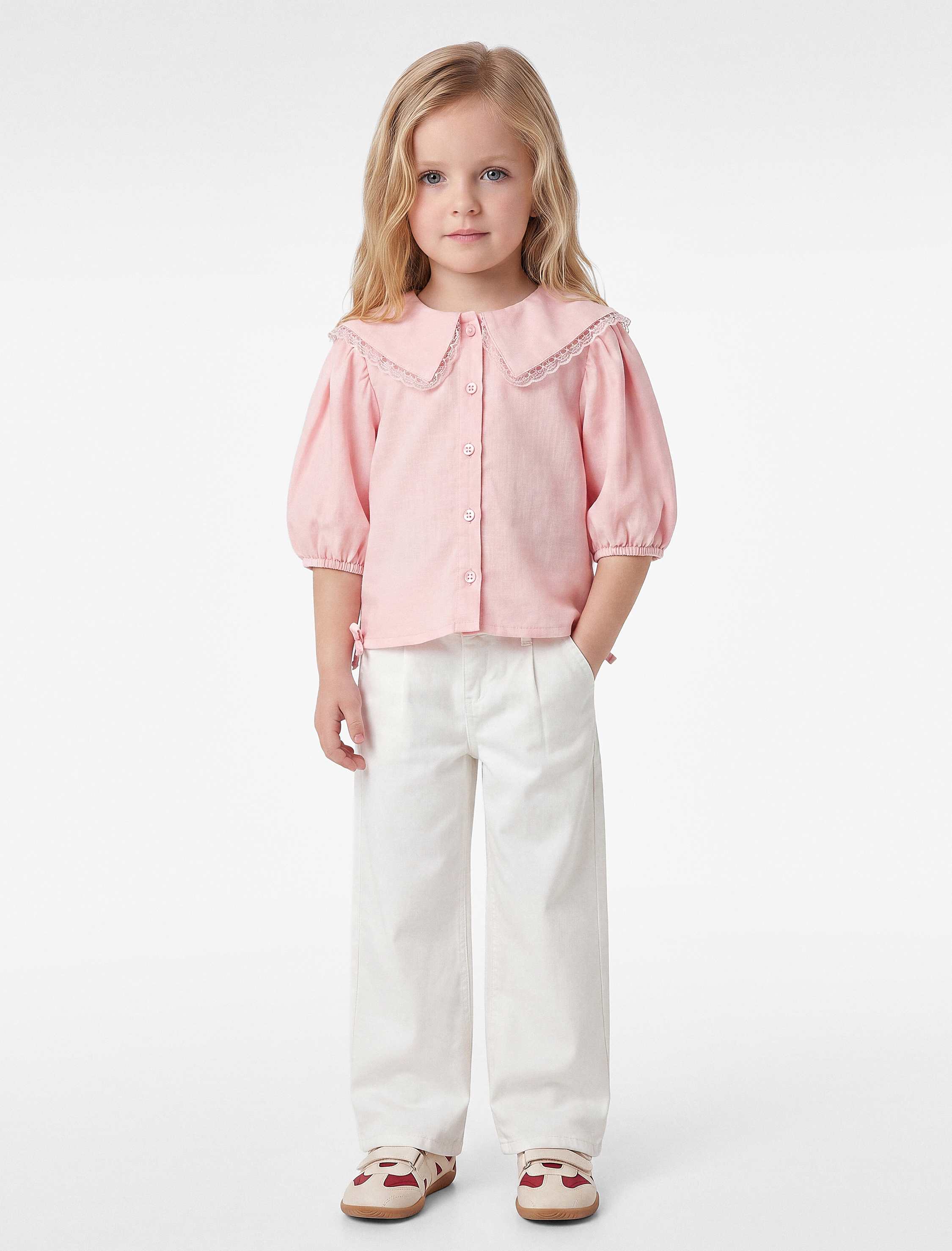  Kız Bebek Dantel Detaylı Pamuklu Fiyonklu Balon Kol Gömlek