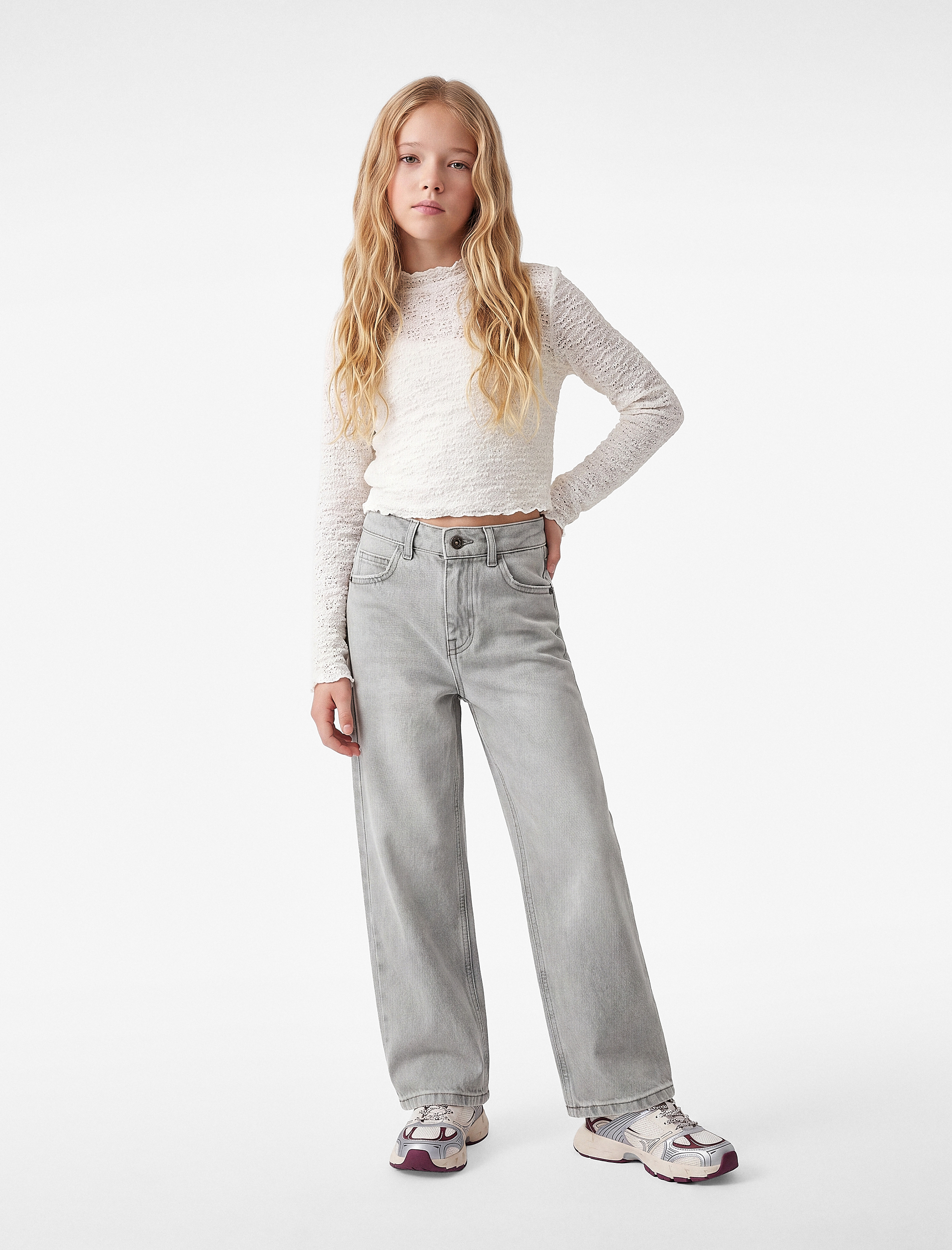  Kız Çocuk Pamuklu Cepli Geniş Paça Denim Pantolon