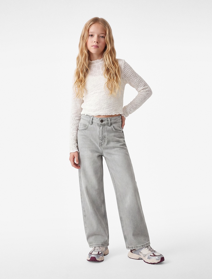 Kız Çocuk Pamuklu Cepli Geniş Paça Denim Pantolon