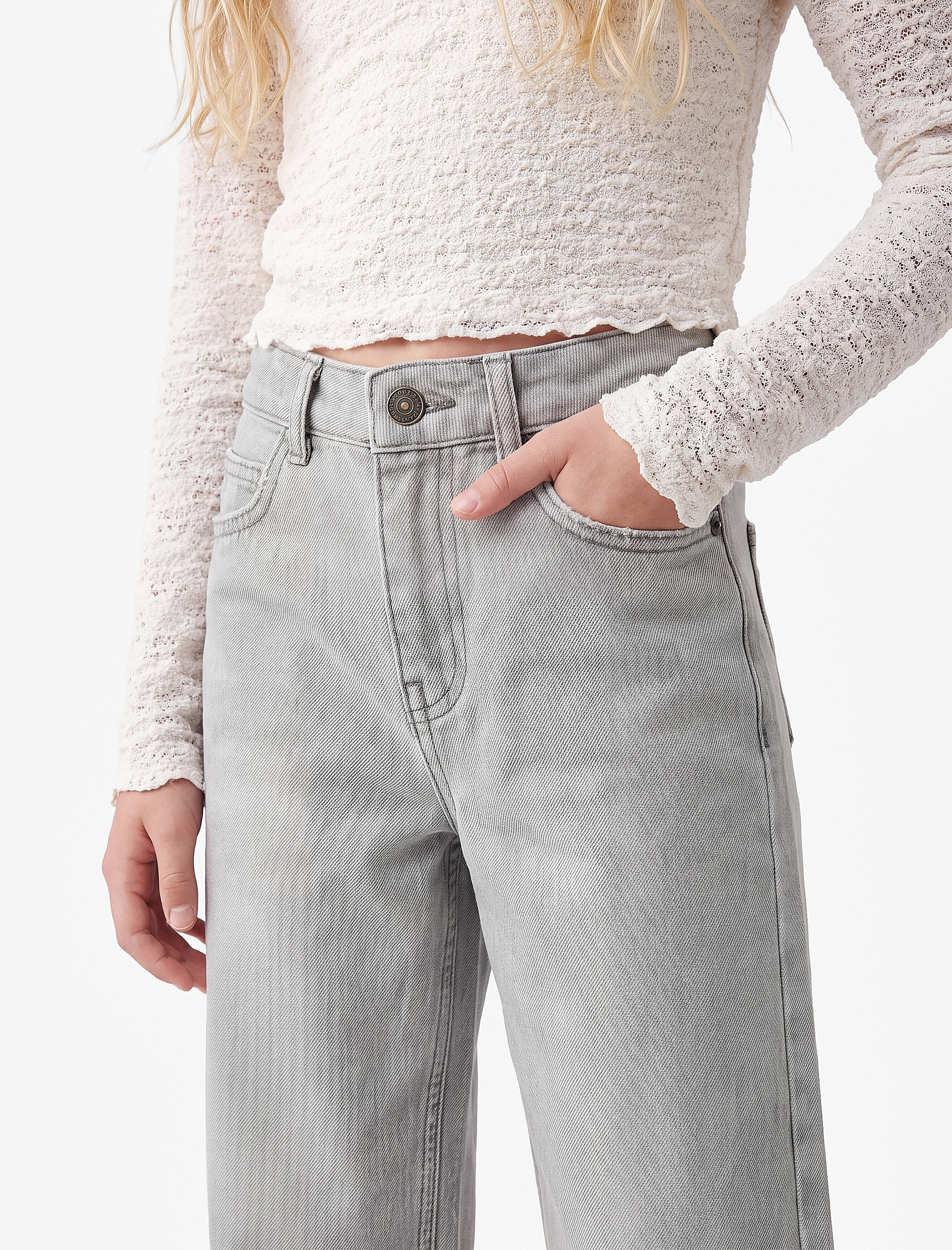  Kız Çocuk Pamuklu Cepli Geniş Paça Denim Pantolon