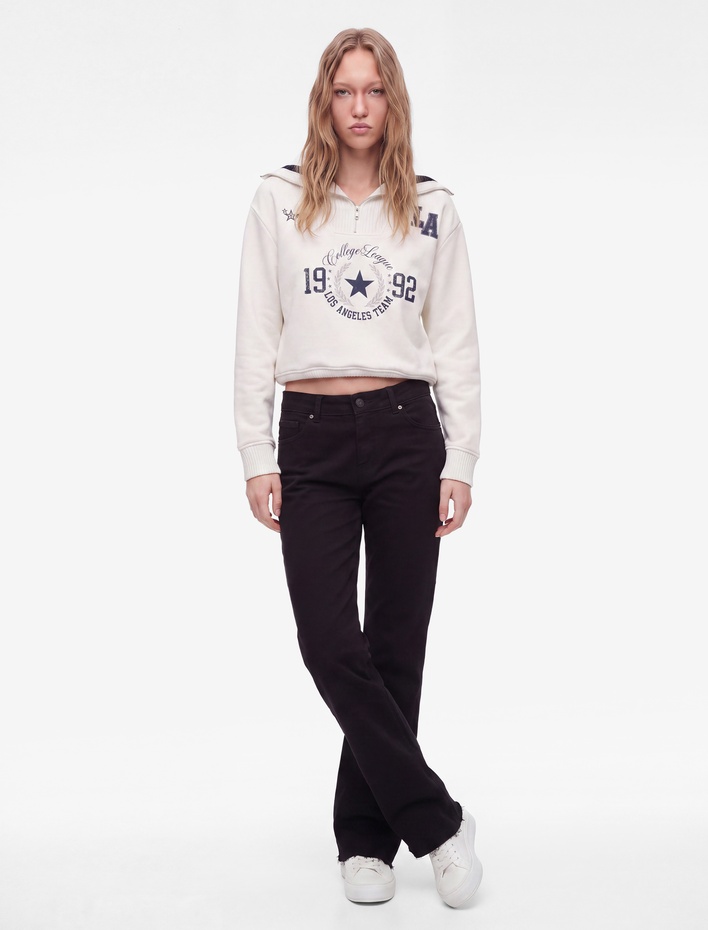  Üç İplik Şardonlu Yarım Fermuarlı Yaka Baskılı Oversize Sweatshirt