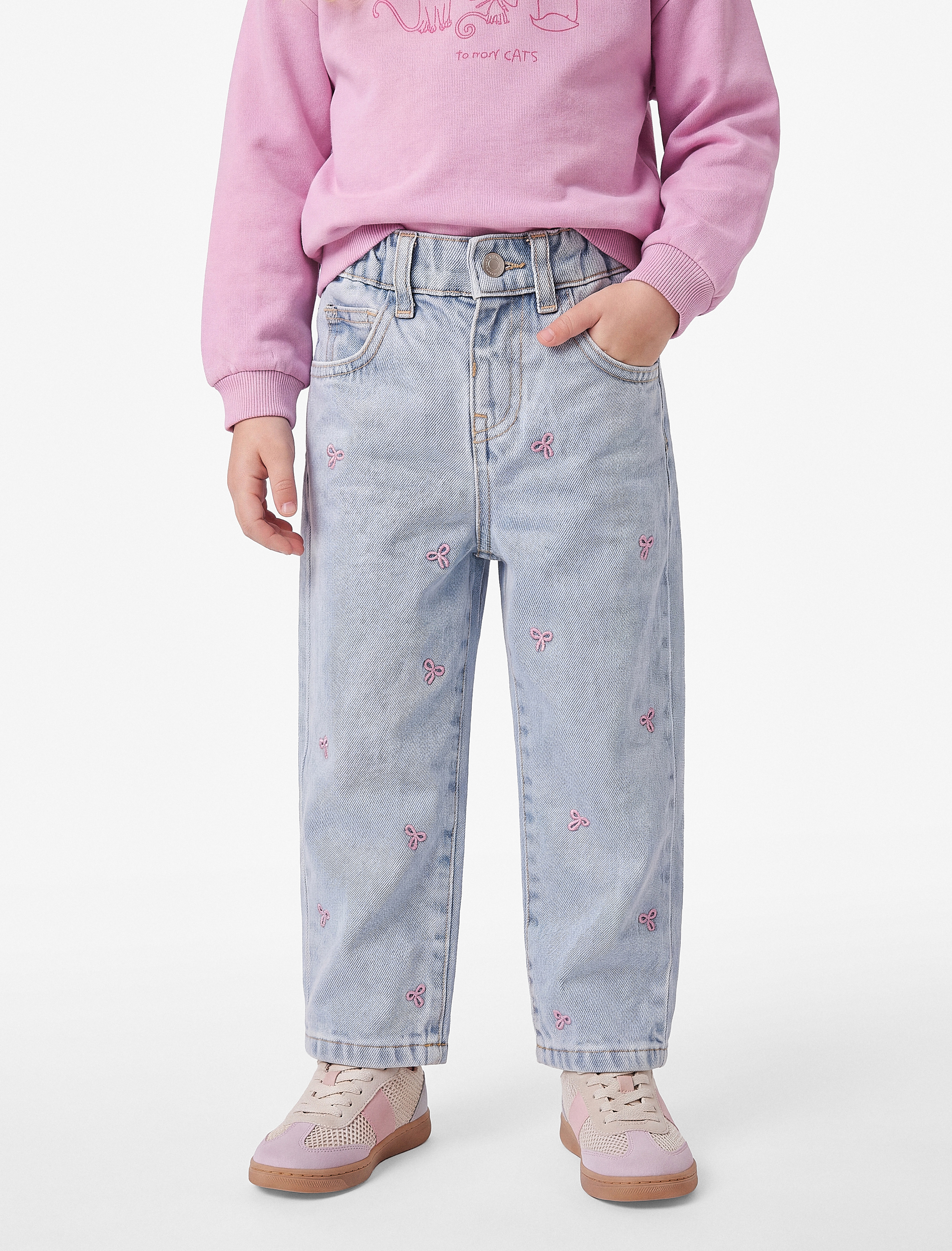  Kız Bebek Pamuklu Fiyonk Nakışlı Denim Pantolon