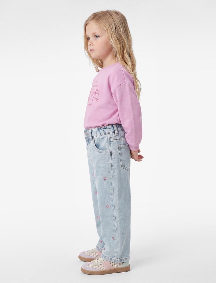 Kız Bebek Pamuklu Fiyonk Nakış Detaylı Denim Pantolon