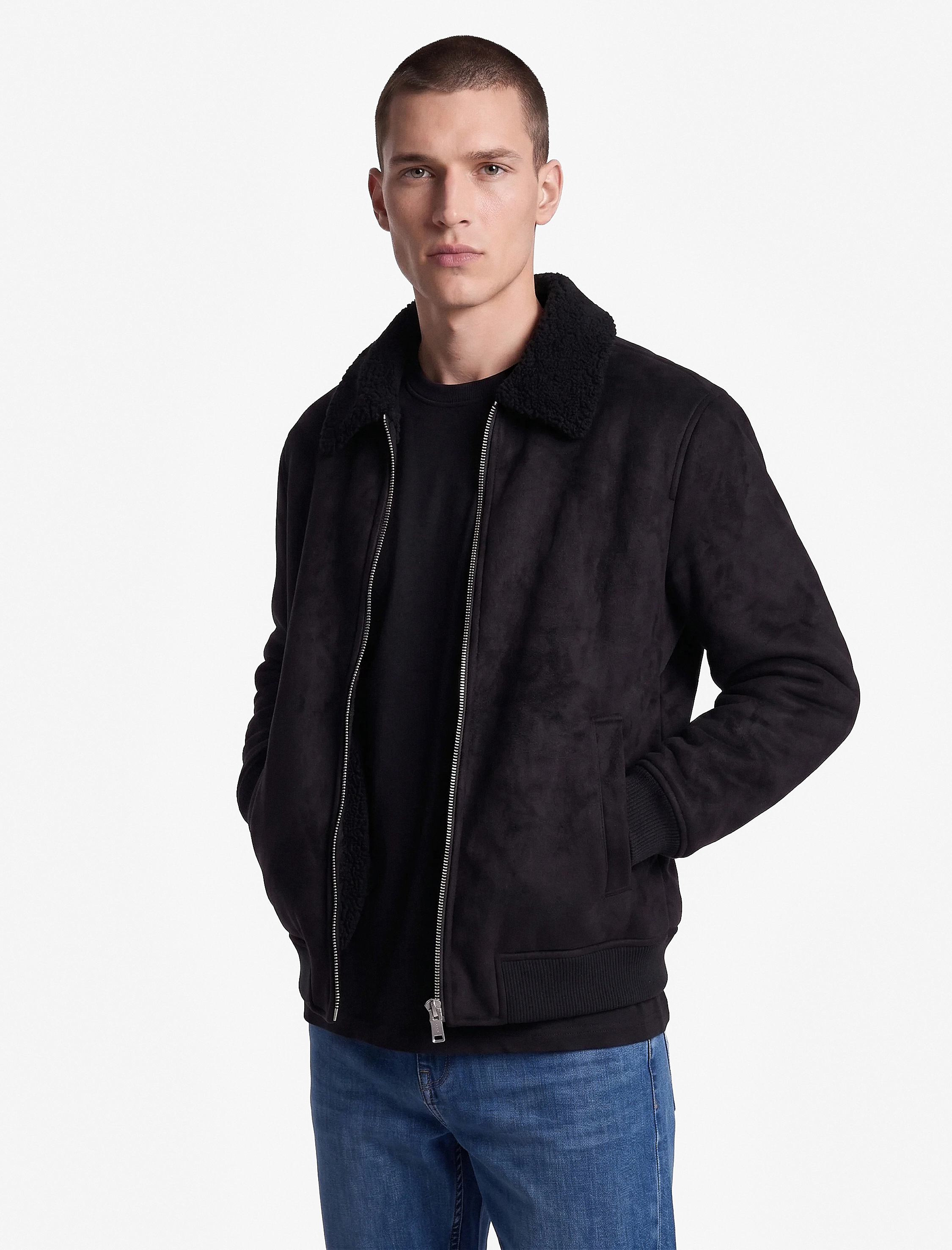   Peluş Yaka Fermuarlı Slim Fit Uzun Kollu Kışlık Suni Süet Ceket