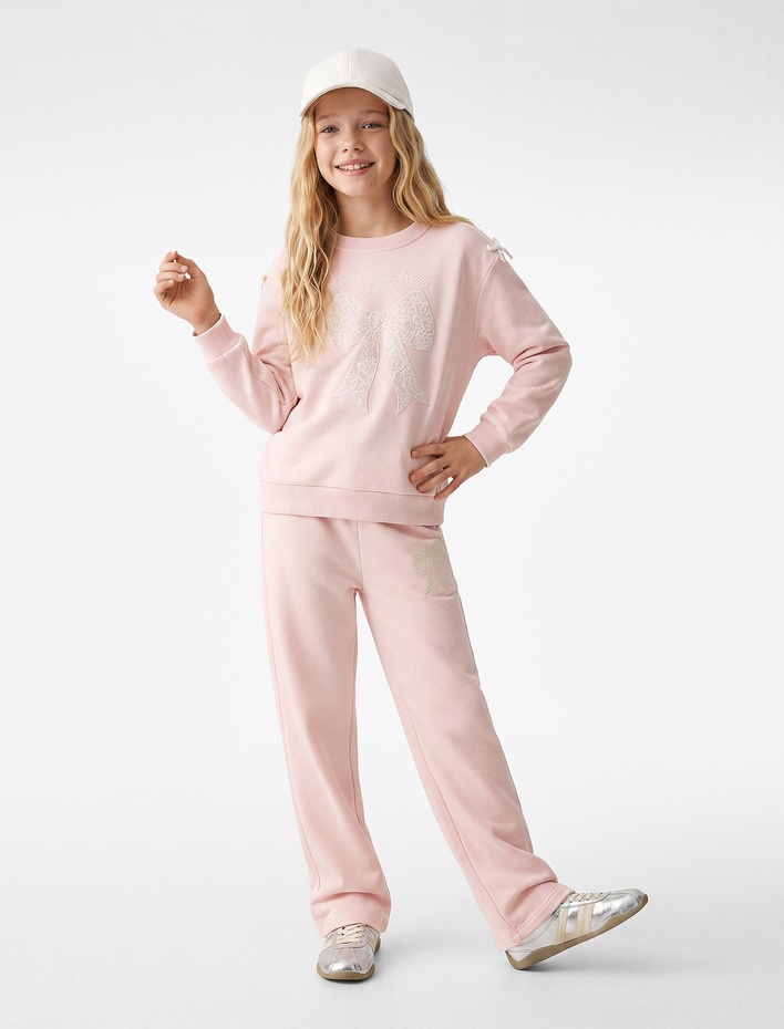 Kız Çocuk Fiyonk Detaylı Uzun Kollu Bisiklet Yaka Sweatshirt