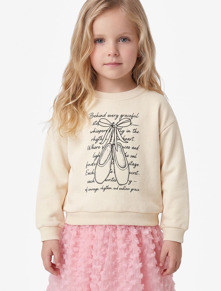 Kız Bebek Baskılı Uzun Kollu Bisiklet Yaka Sweatshirt