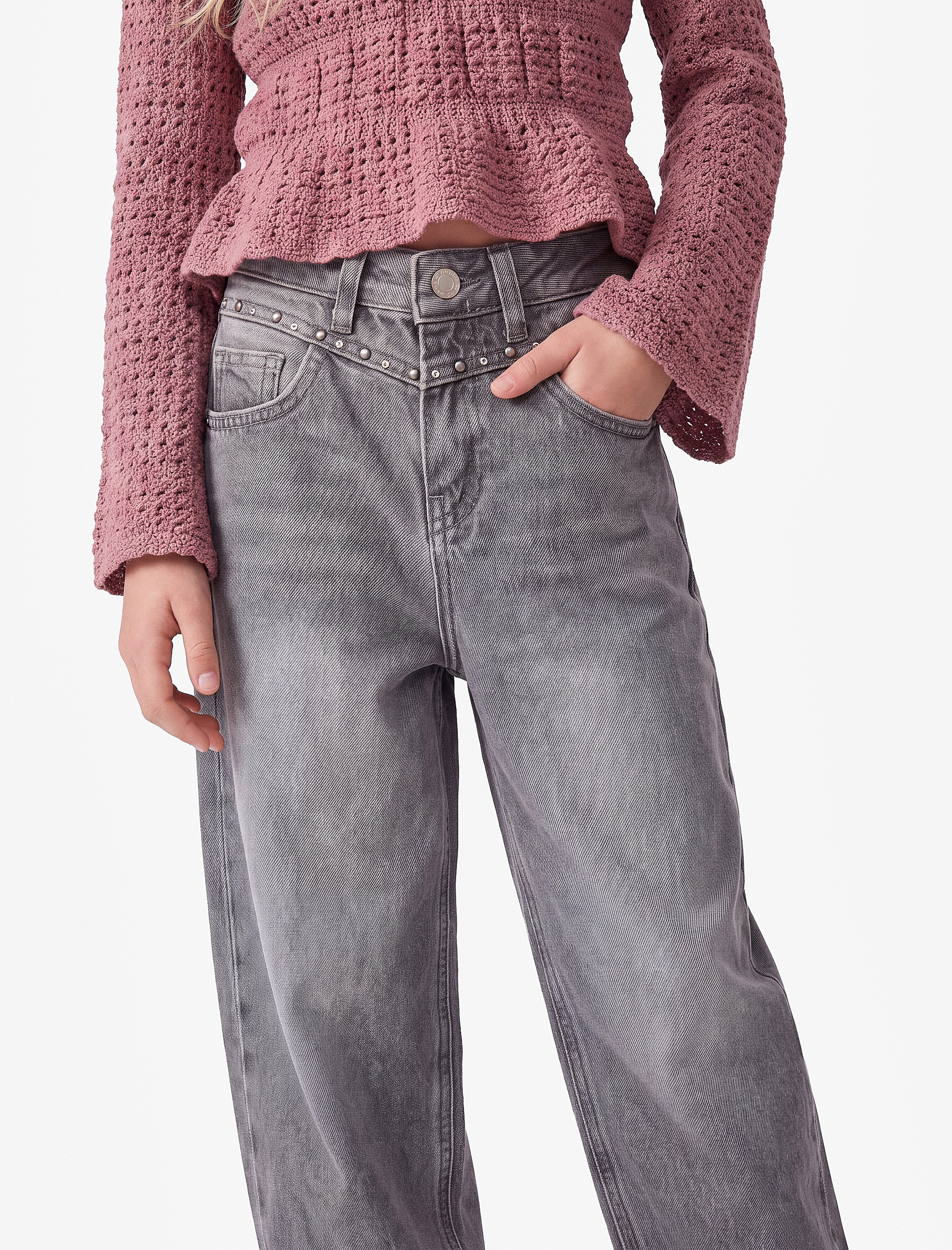  Kız Çocuk Loose Fit Cepli Pamuklu Denim Pantolon