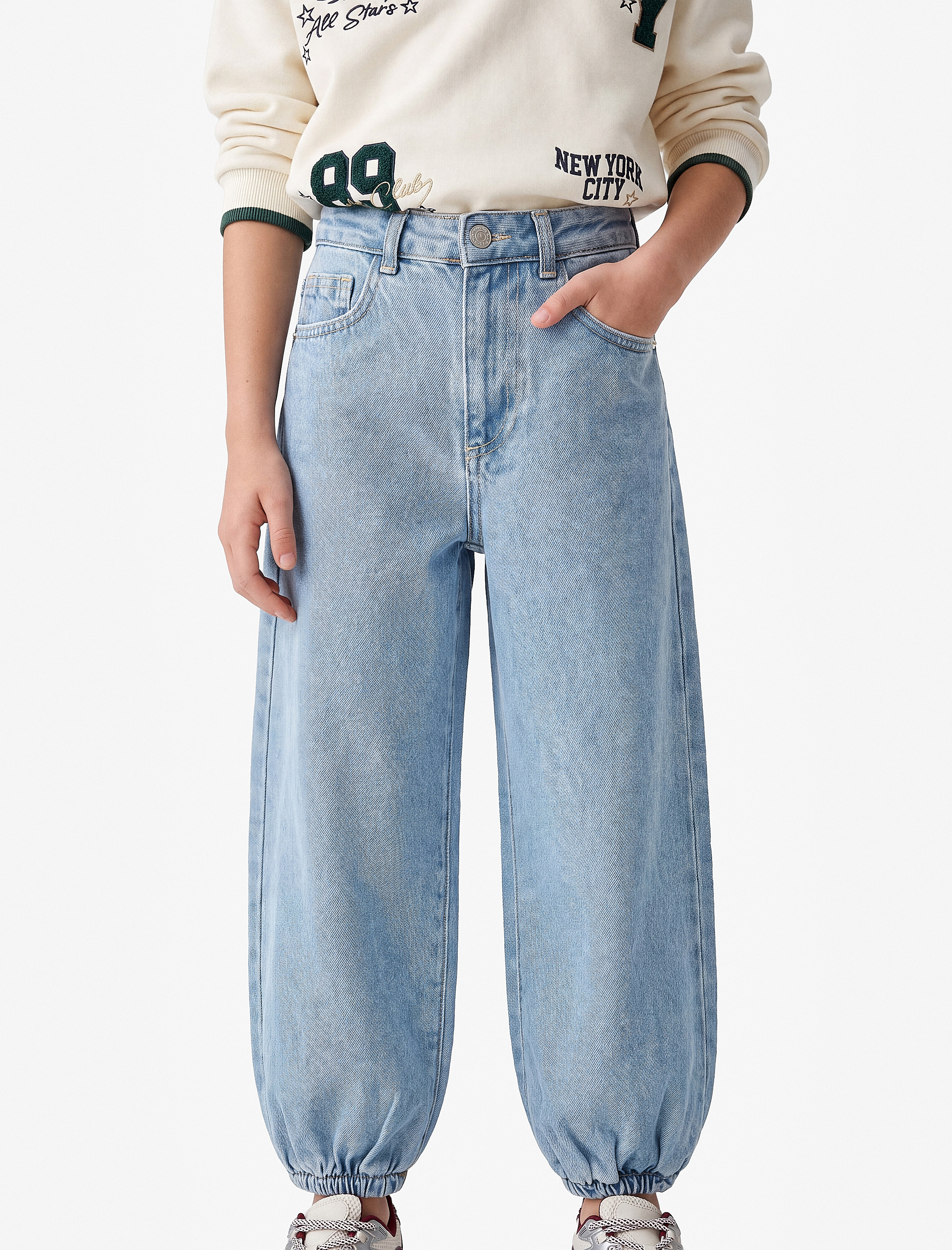 Kız Çocuk Pamuklu Loose Fit Cepli Şalvar Denim Pantolon