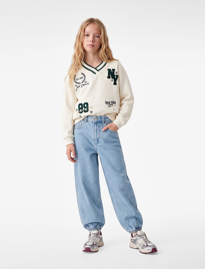 Kız Çocuk Pamuklu Loose Fit Cepli Şalvar Denim Pantolon