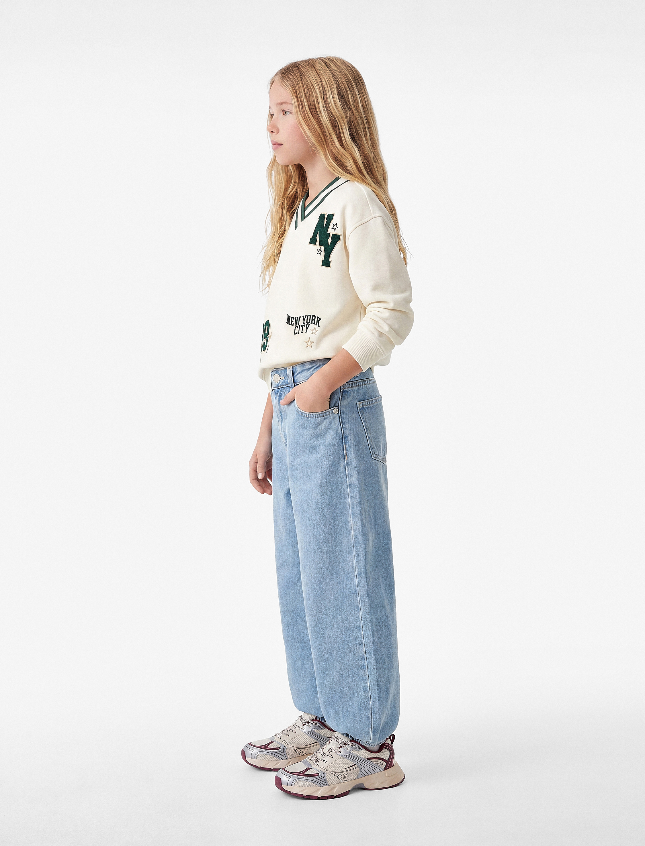  Kız Çocuk Pamuklu Loose Fit Cepli Şalvar Denim Pantolon