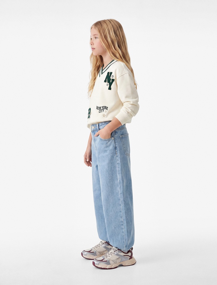 Kız Çocuk Pamuklu Loose Fit Cepli Şalvar Denim Pantolon