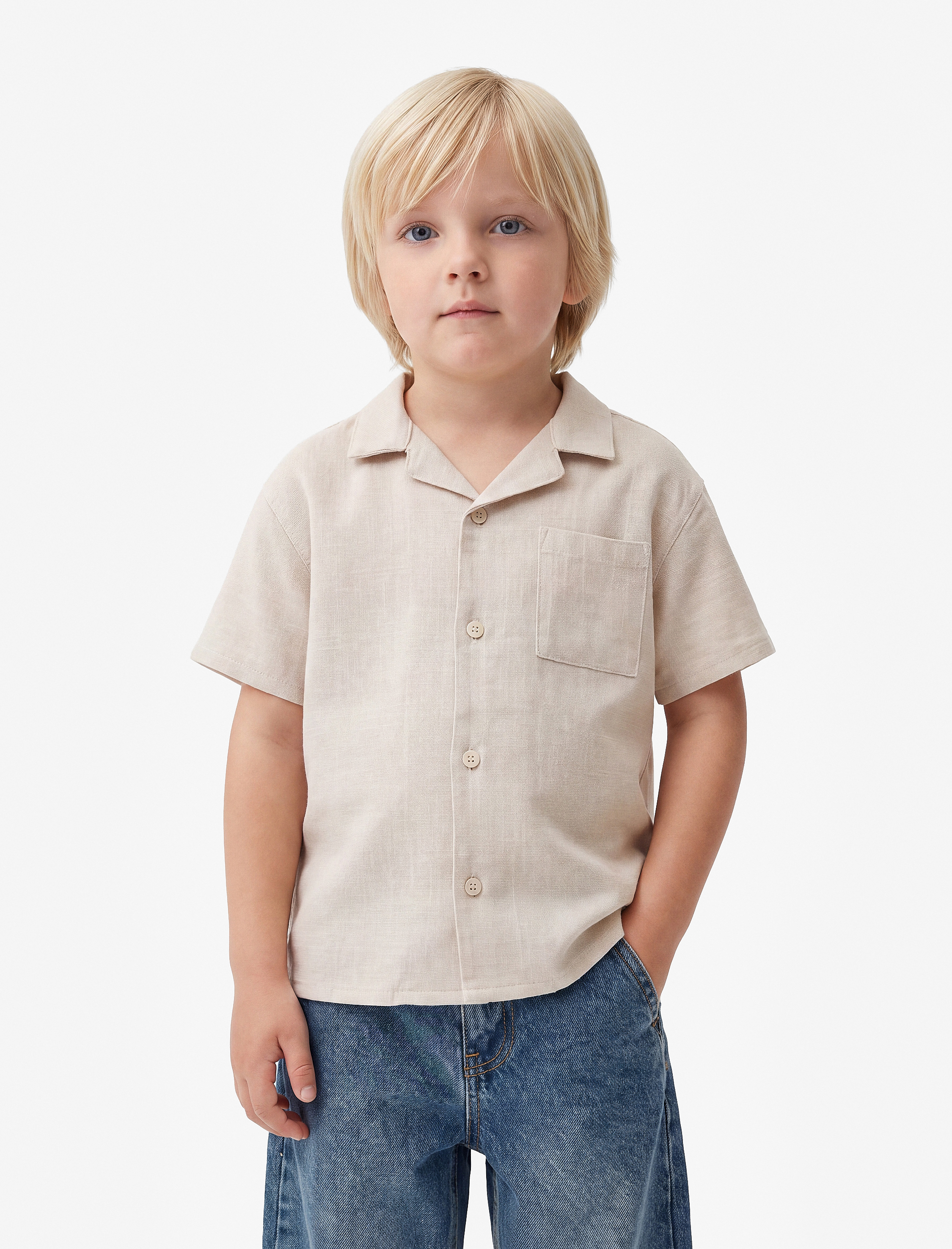 Erkek Bebek Keten ve Viskon Karışımlı Devrik Yaka Cepli Kısa Kollu Gömlek