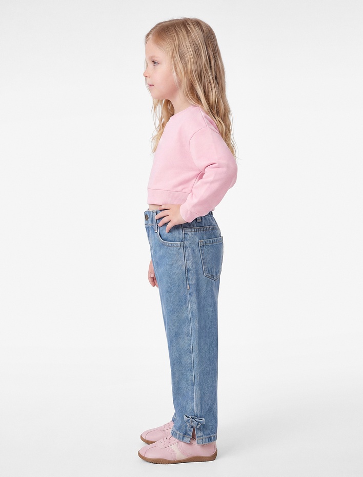 Kız Bebek Fiyonk Detaylı Loose Fit Pamuklu Denim Pantolon