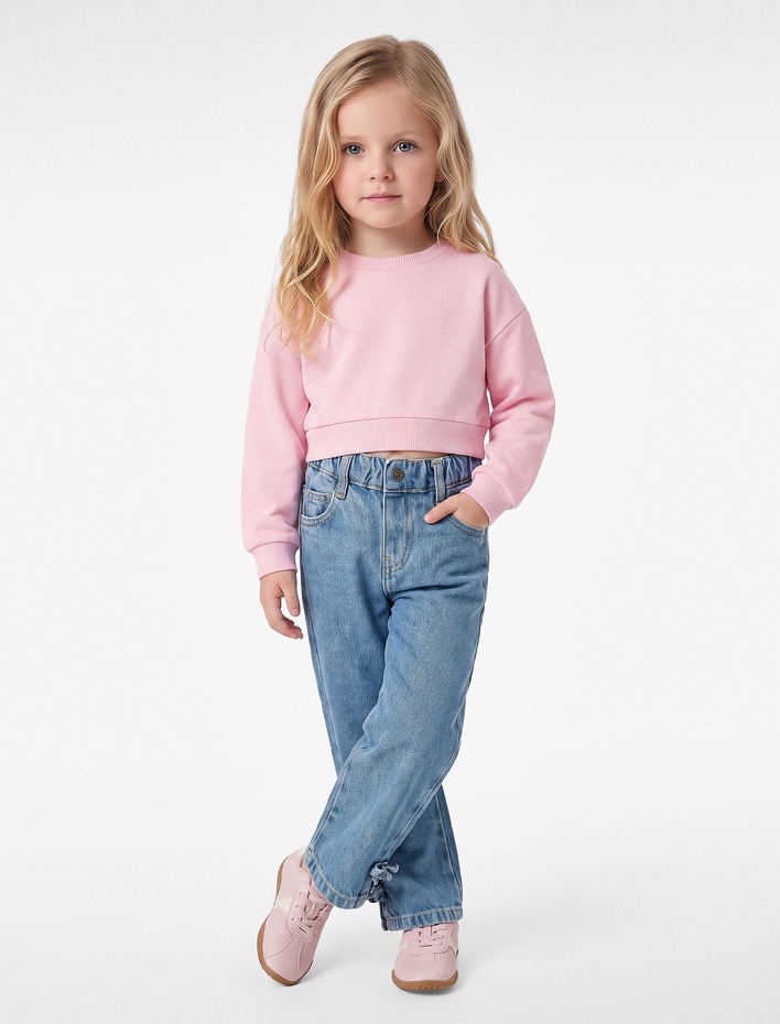 Kız Bebek Fiyonk Detaylı Loose Fit Pamuklu Denim Pantolon