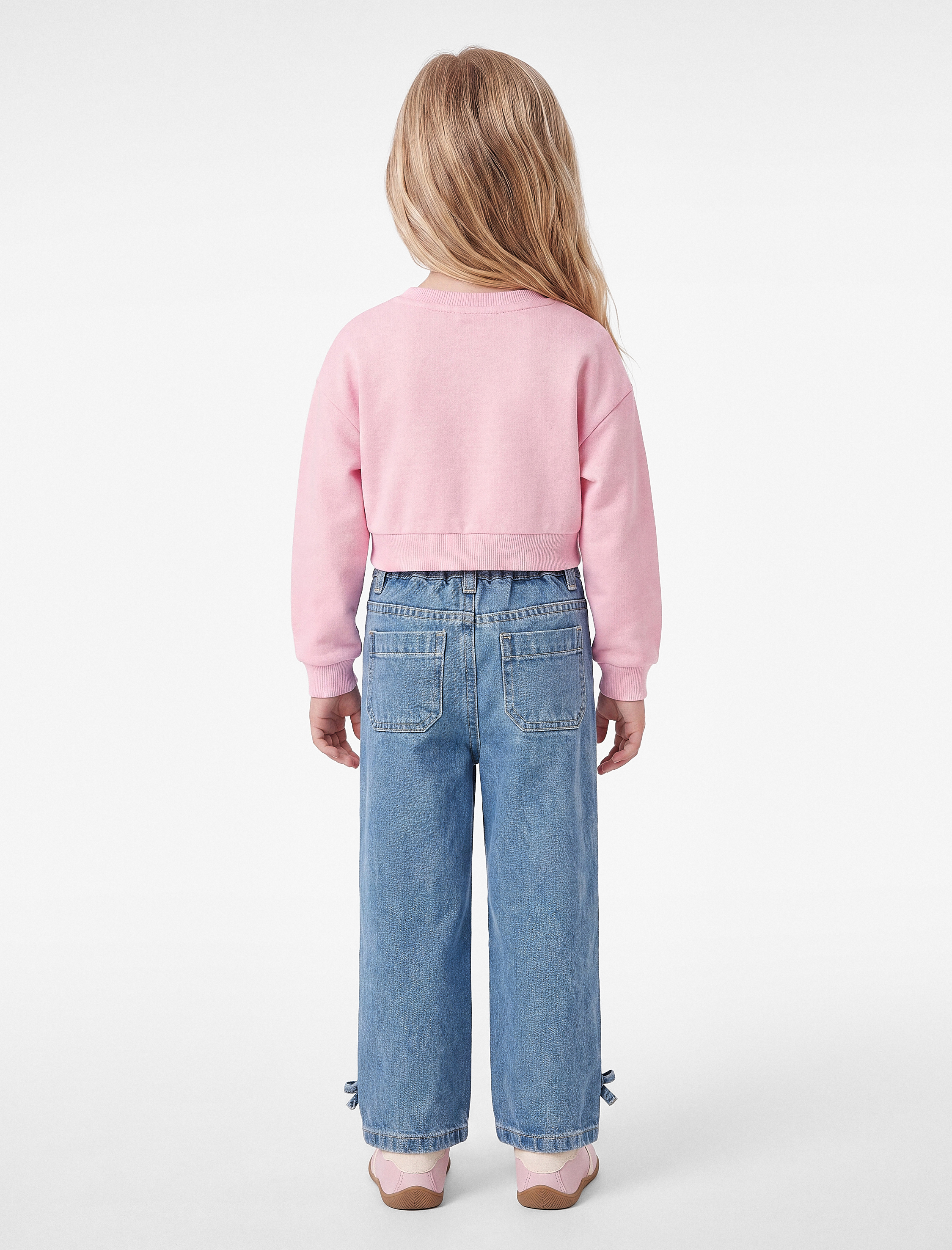  Kız Bebek Fiyonk Detaylı Loose Fit Pamuklu Denim Pantolon