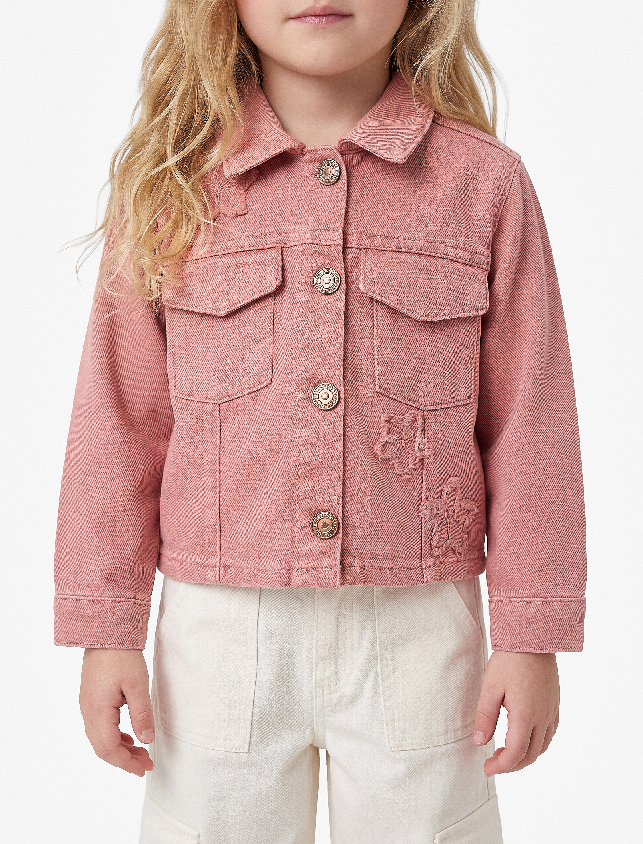  Kız Bebek Yıldız Nakışlı Pamuklu Kapaklı Cepli Uzun Kollu Denim Ceket