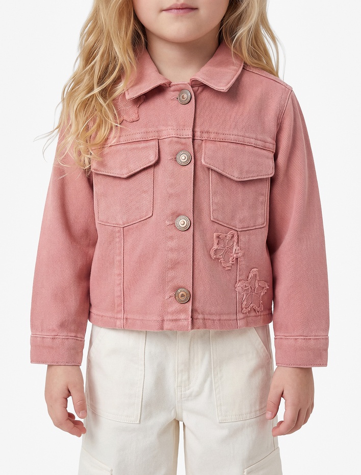 Kız Bebek Yıldız Detaylı Pamuklu Kapaklı Cepli Uzun Kollu Denim Ceket