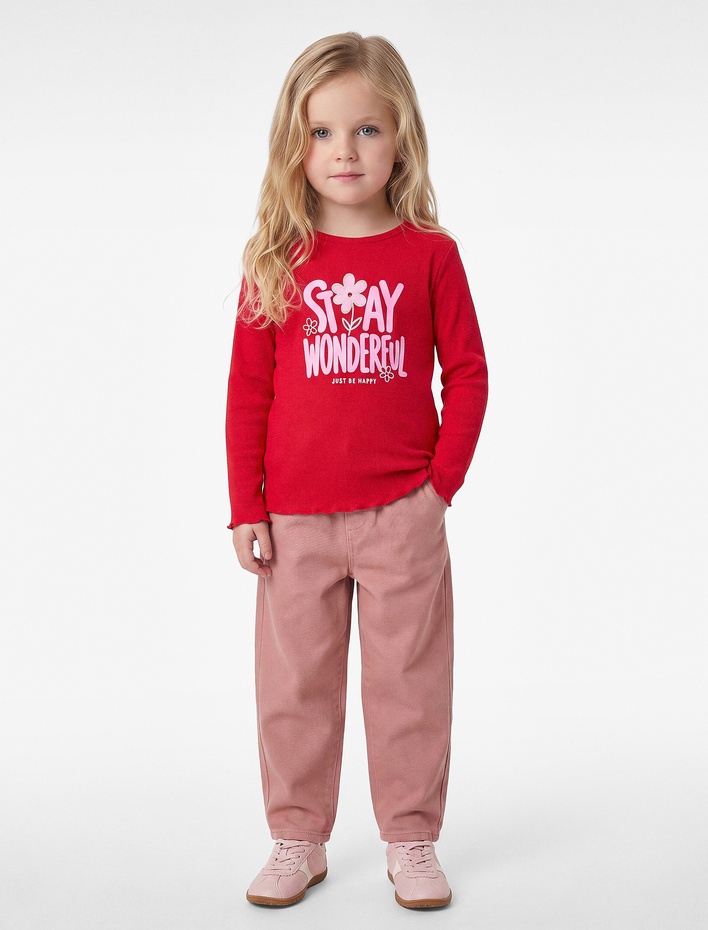 Kız Bebek Uzun Kollu Bisiklet Yaka Kaşkorse Baskılı Tişört