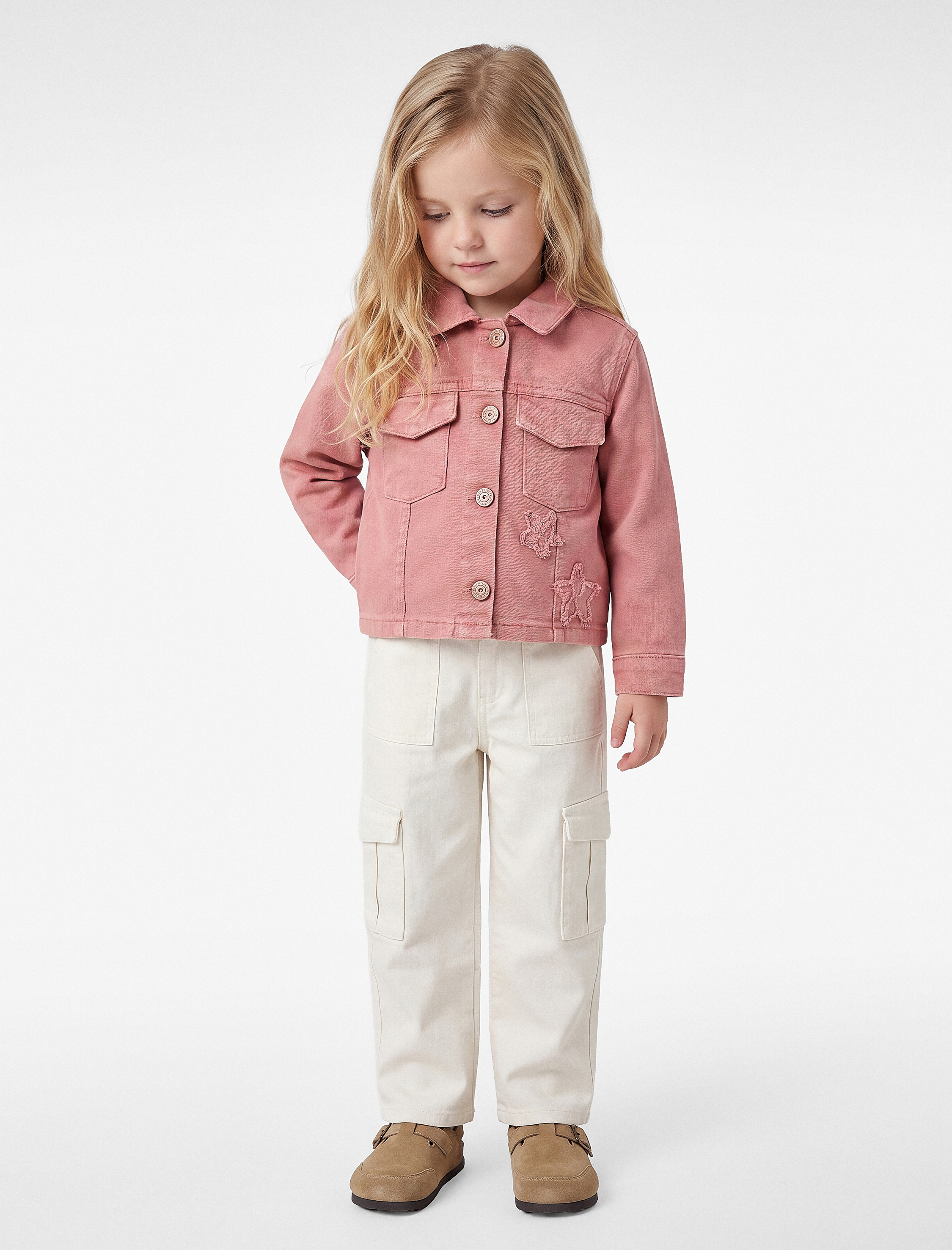  Kız Bebek Yıldız Nakışlı Pamuklu Kapaklı Cepli Uzun Kollu Denim Ceket