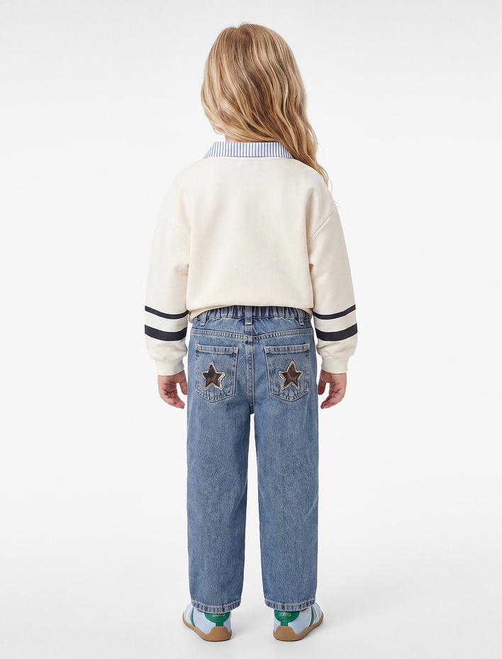 Kız Bebek Yıldız Detaylı Pamuklu Cepli Loose Fit Denim Pantolon