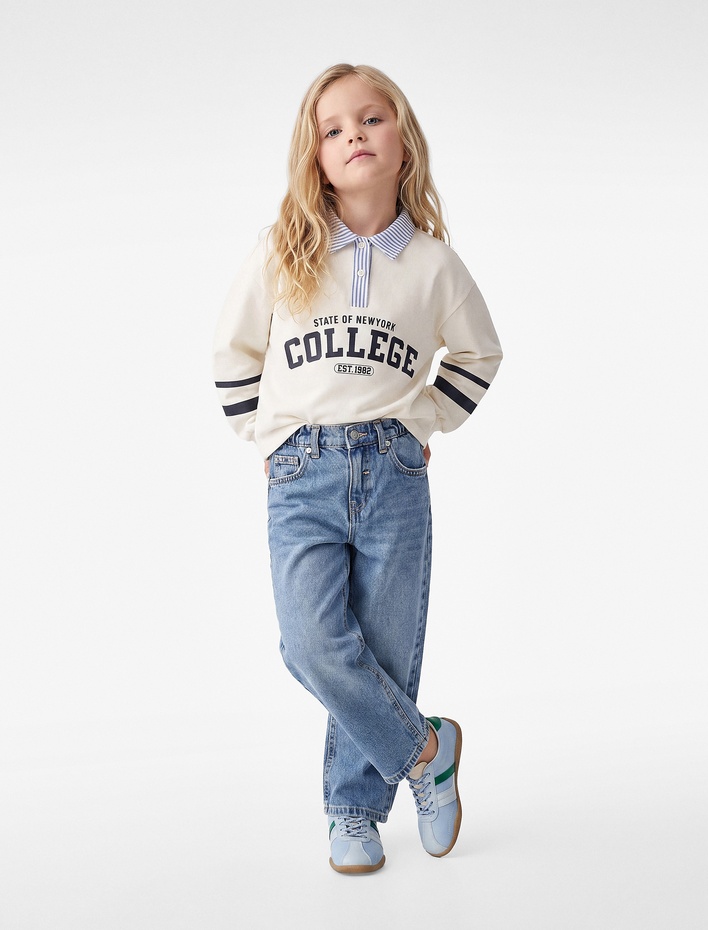 Kız Bebek Yıldız Detaylı Pamuklu Cepli Loose Fit Denim Pantolon