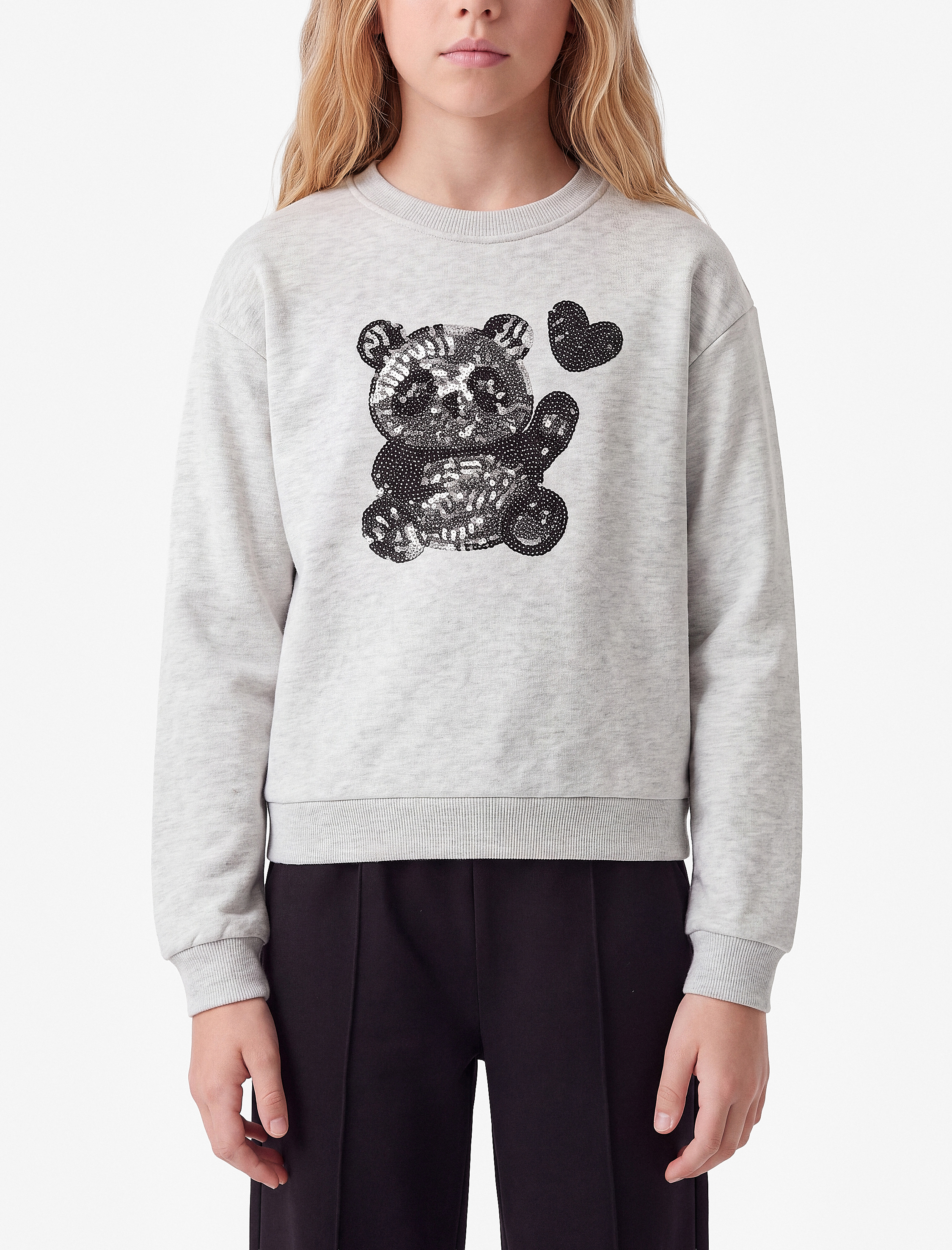  Kız Çocuk Uzun Kollu Bisiklet Yaka Panda Baskılı Pullu Payetli Sweatshirt