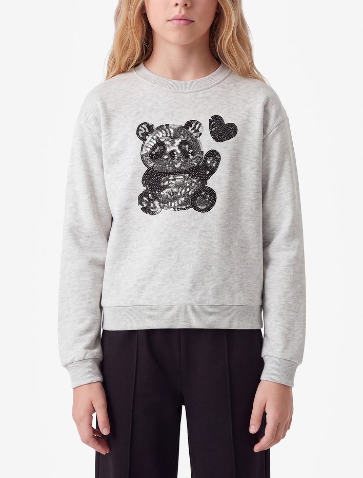 Kız Çocuk Uzun Kollu Bisiklet Yaka Panda Baskılı Pullu Payetli Sweatshirt