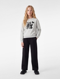 Uzun Kollu Bisiklet Yaka Panda Baskılı Pullu Payetli Sweatshirt