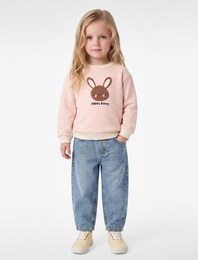 Uzun Kollu Bisiklet Yaka Tavşan Nakışlı Şardonlu Çizgili Sweatshirt