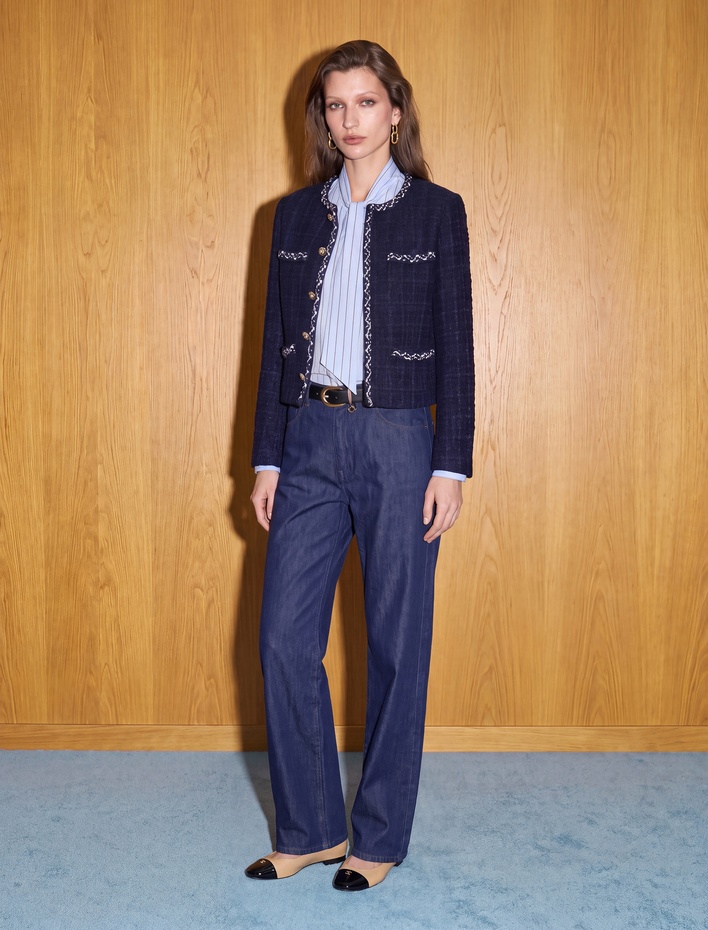  Slim Fit Uzun Kollu Bisiklet Yaka Kontrast Detaylı Düğmeli Tüvit Ceket
