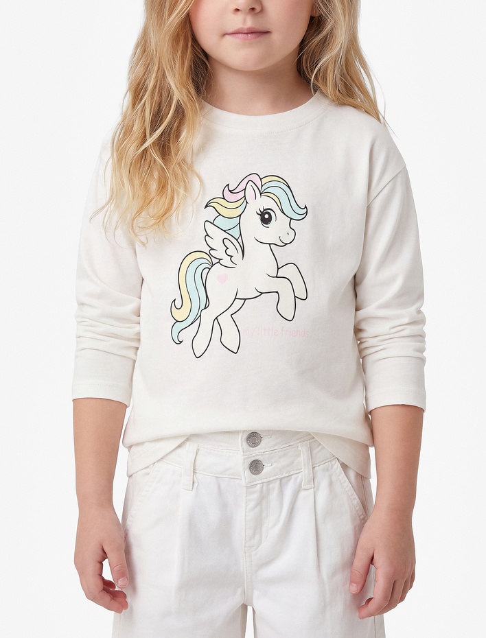 Kız Bebek Unicorn Baskılı Bisiklet Yaka Uzun Kollu Pamuklu Tişört