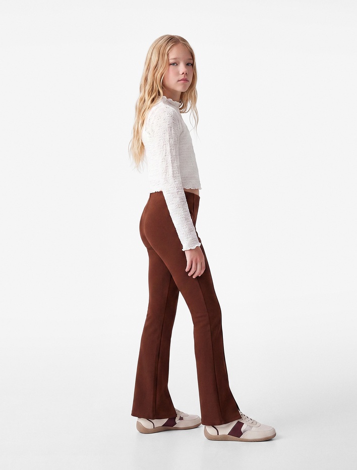 Kız Çocuk Yırtmaç Detaylı Slim Fit İspanyol Paça Tayt
