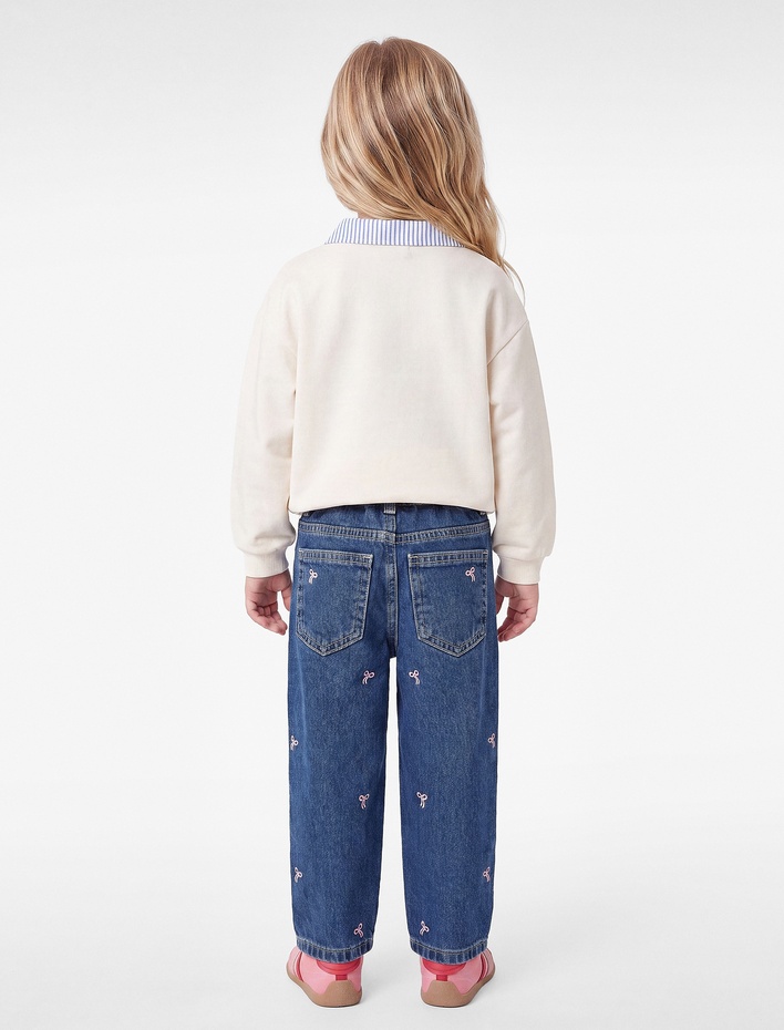 Kız Bebek Pamuklu Fiyonk Nakış Detaylı Denim Pantolon