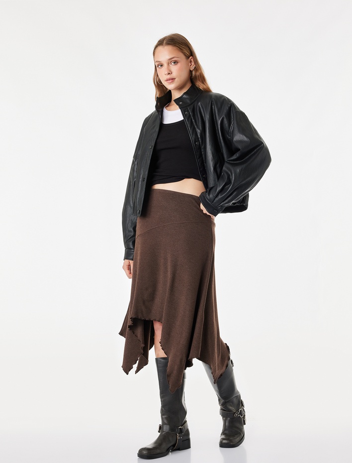  Slim Fit Dikiş Detaylı Volanlı Asimetrik Kesim Midi Etek
