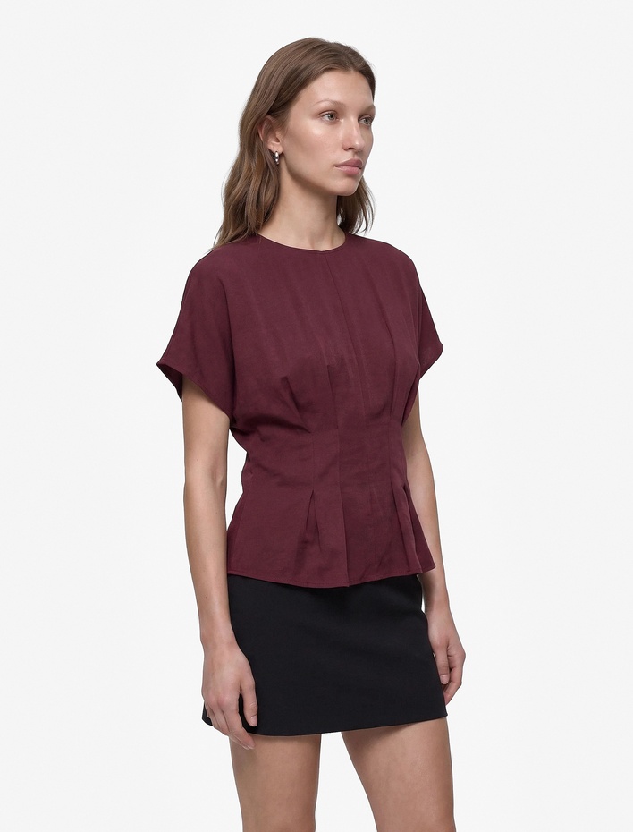  Viskon Modal Kumaş Pileli Slim Fit Bel Vurgulu Bisiklet Yaka Kısa Kollu Bluz