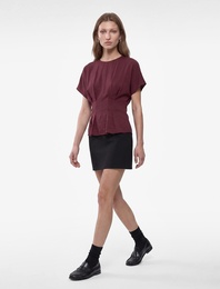 Viskon Modal Kumaş Pileli Slim Fit Bel Vurgulu Bisiklet Yaka Kısa Kollu Bluz