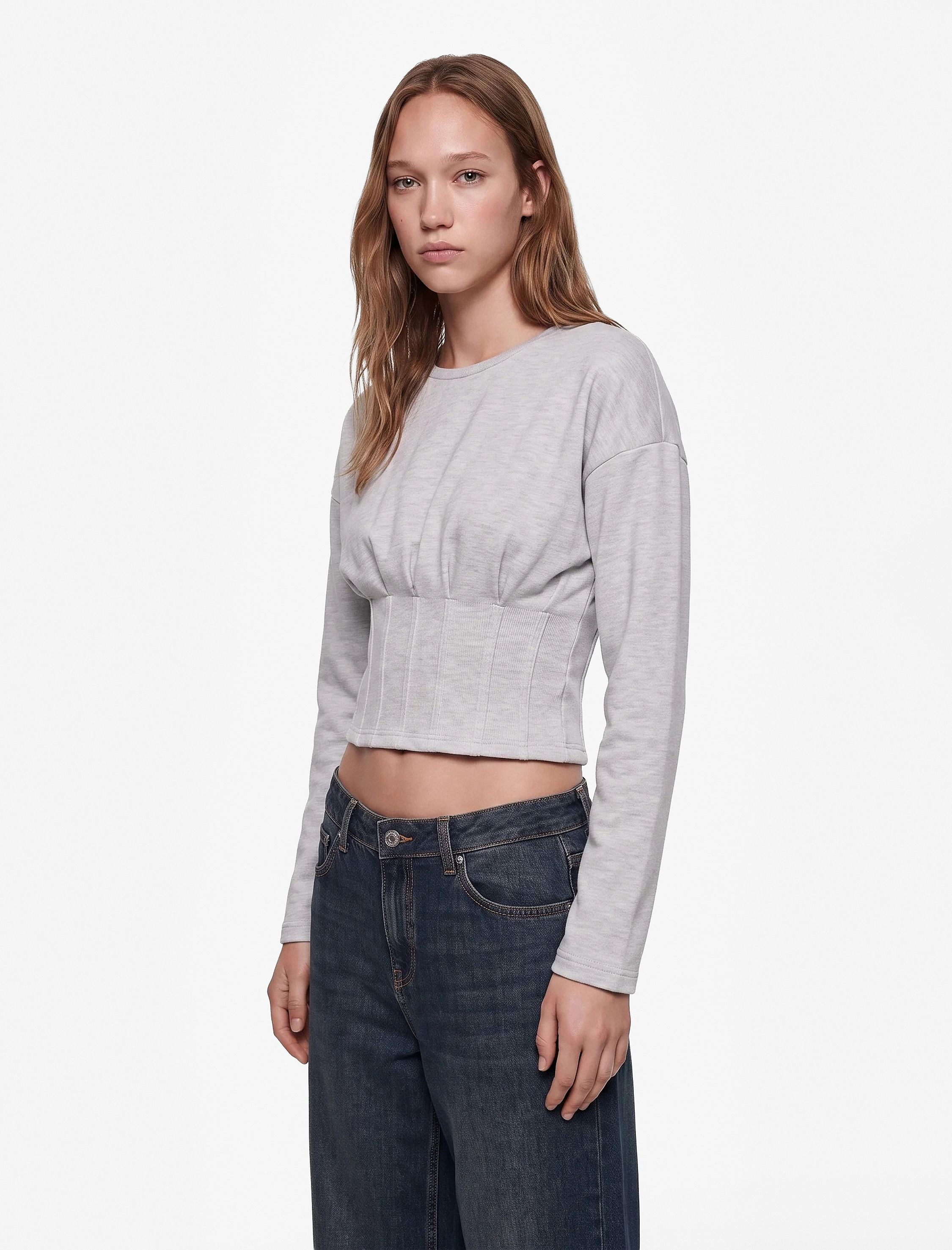 Koton Slim Fit Uzun Kollu Bisiklet Yaka Korse Detaylı Tişört görsel 2