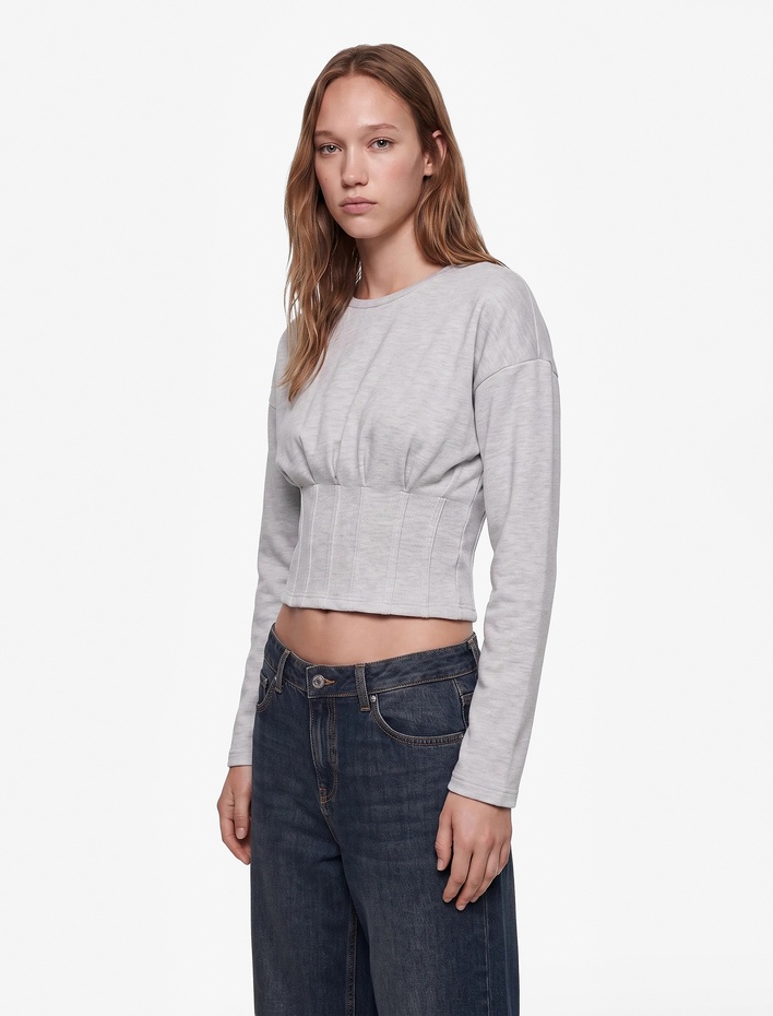  Slim Fit Uzun Kollu Bisiklet Yaka Korse Detaylı Tişört