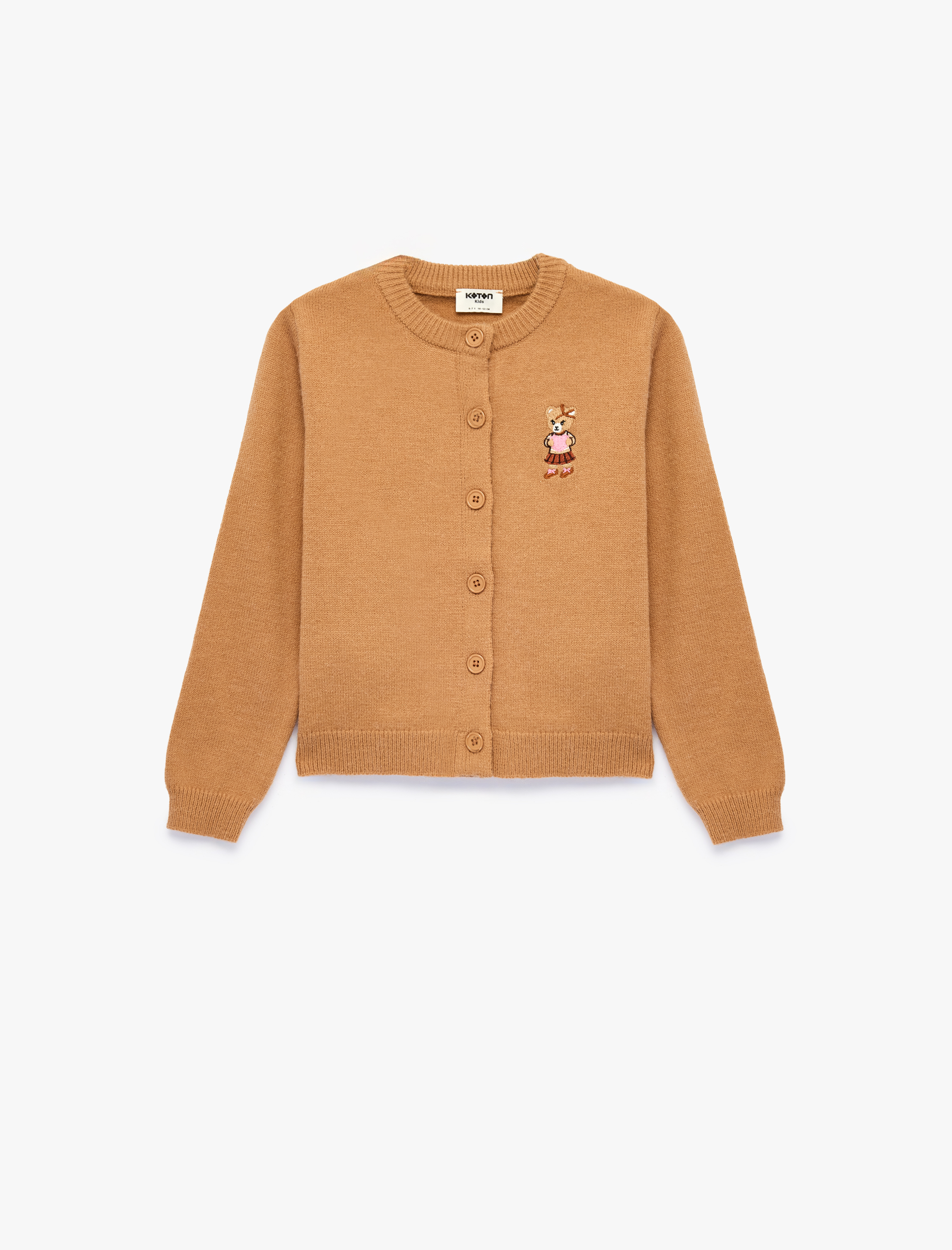  Kız Çocuk Ayıcık Nakışlı Slim Fit Bisiklet Yaka Uzun Kollu Triko Hırka