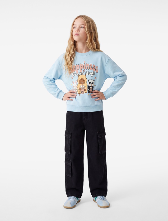Kız Çocuk Uzun Kollu Bisiklet Yaka Şardonlu Baskılı Sweatshirt