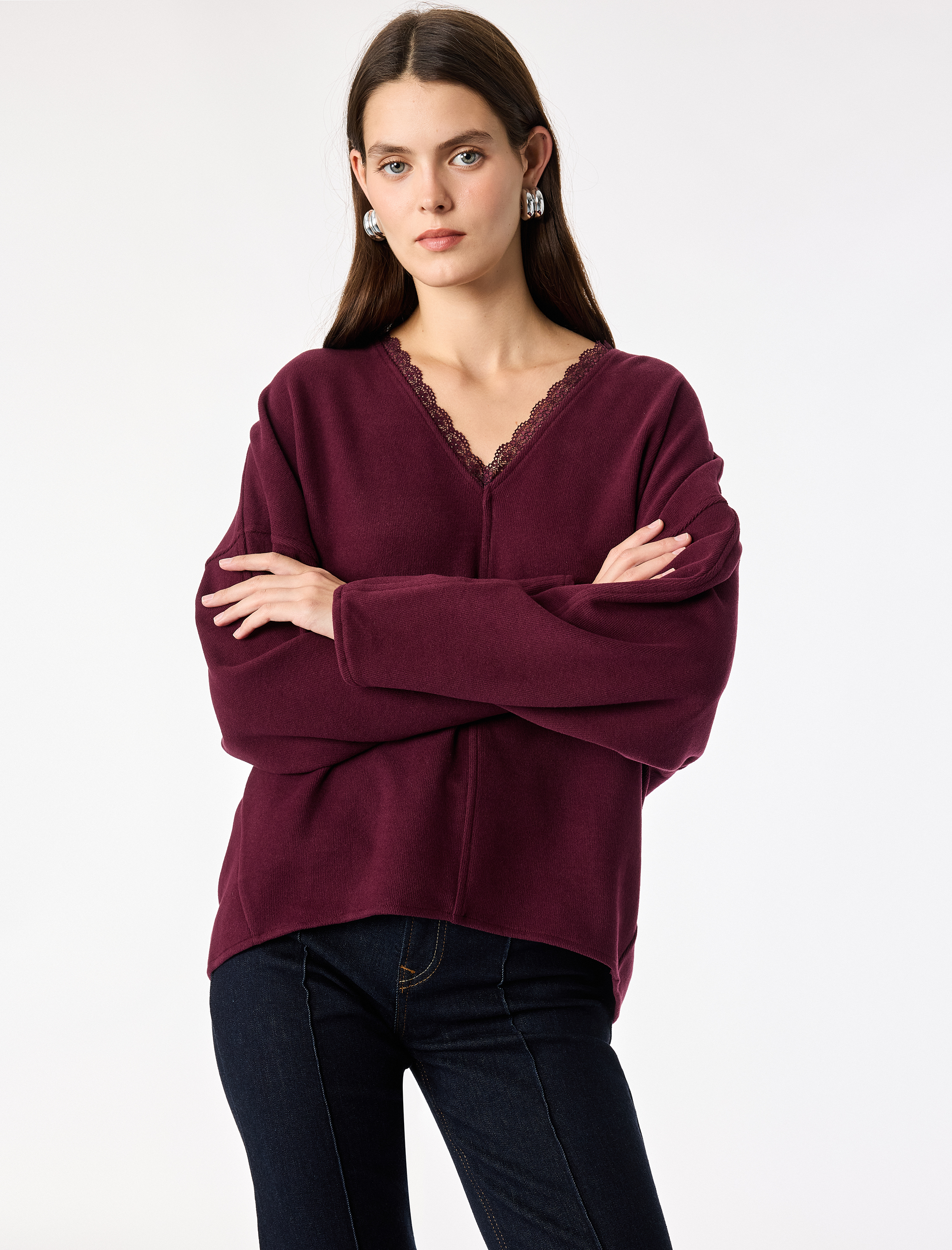 Koton Uzun Kollu Dantel Detaylı V Yaka Sweatshirt görsel 2