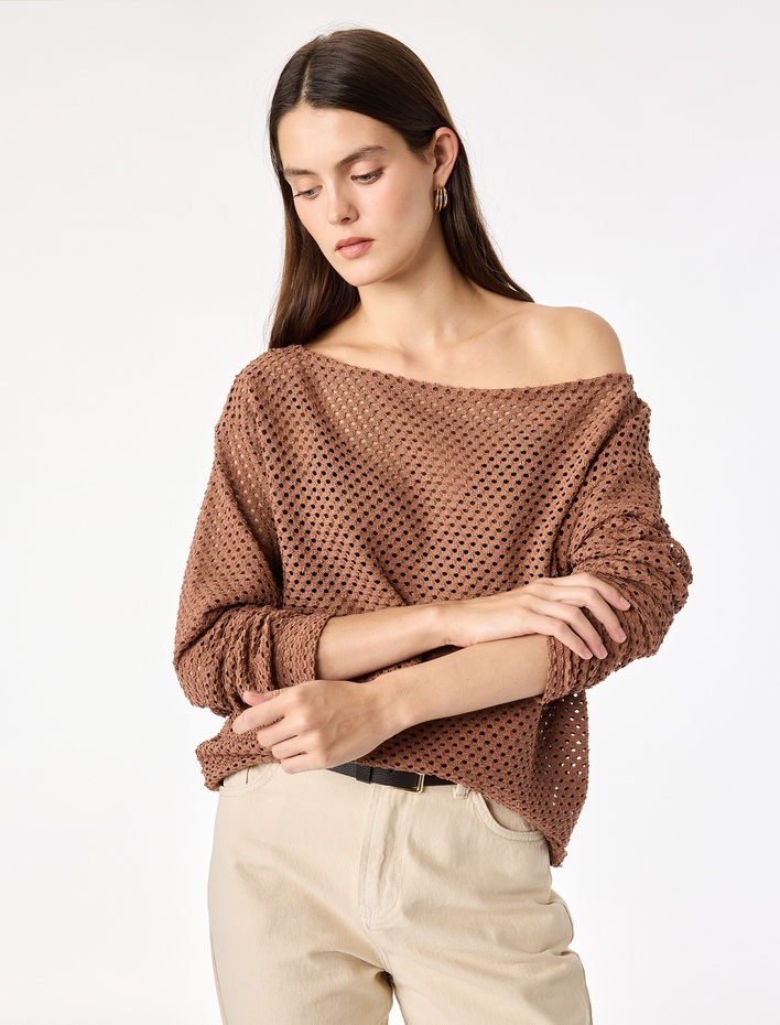  File Dokulu Uzun Kollu Kayık Yaka Oversize Bluz
