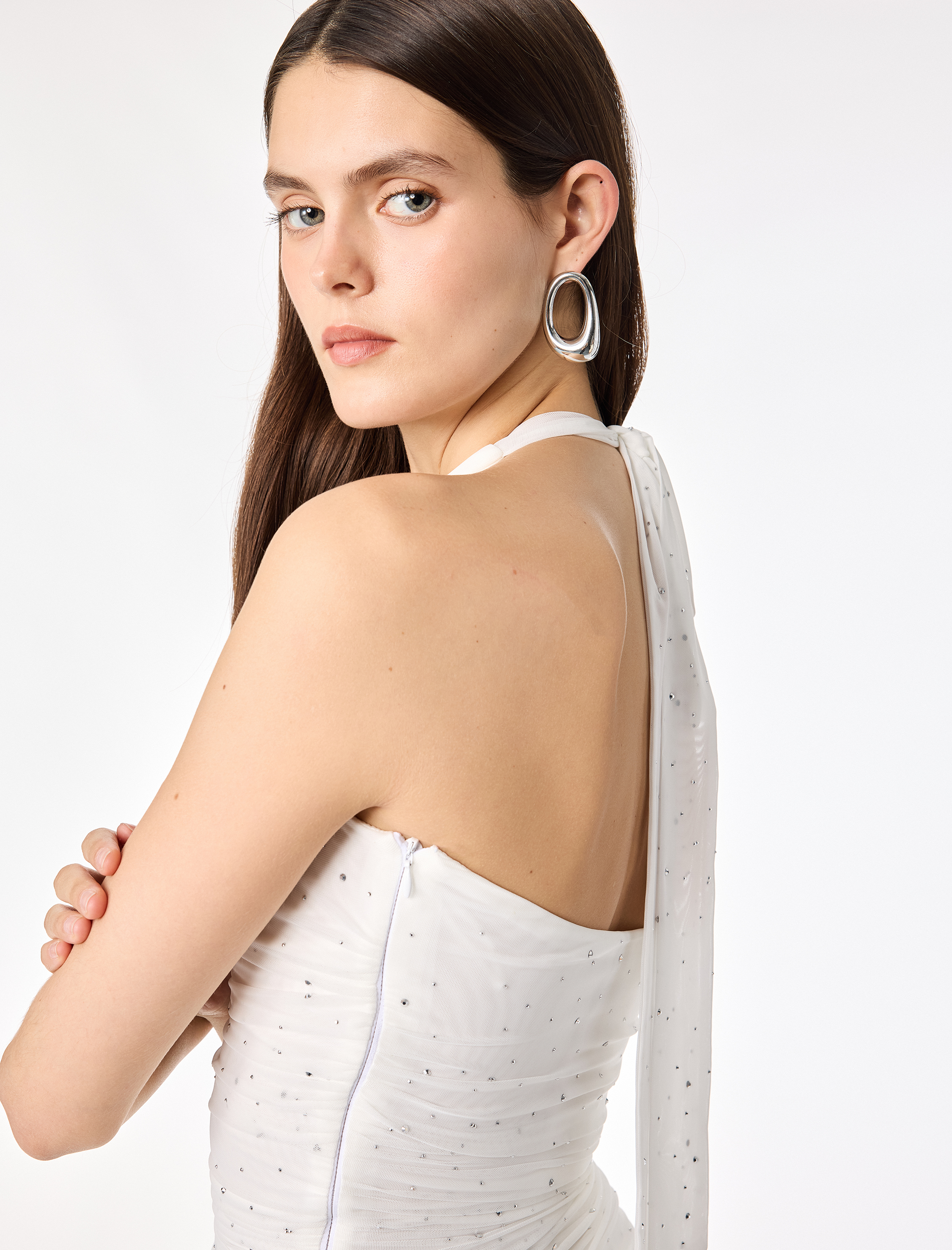 Koton Sırt Detaylı Drapeli Taşlı Halter Yaka Kolsuz Mini Tül Bridal Elbise görsel 2