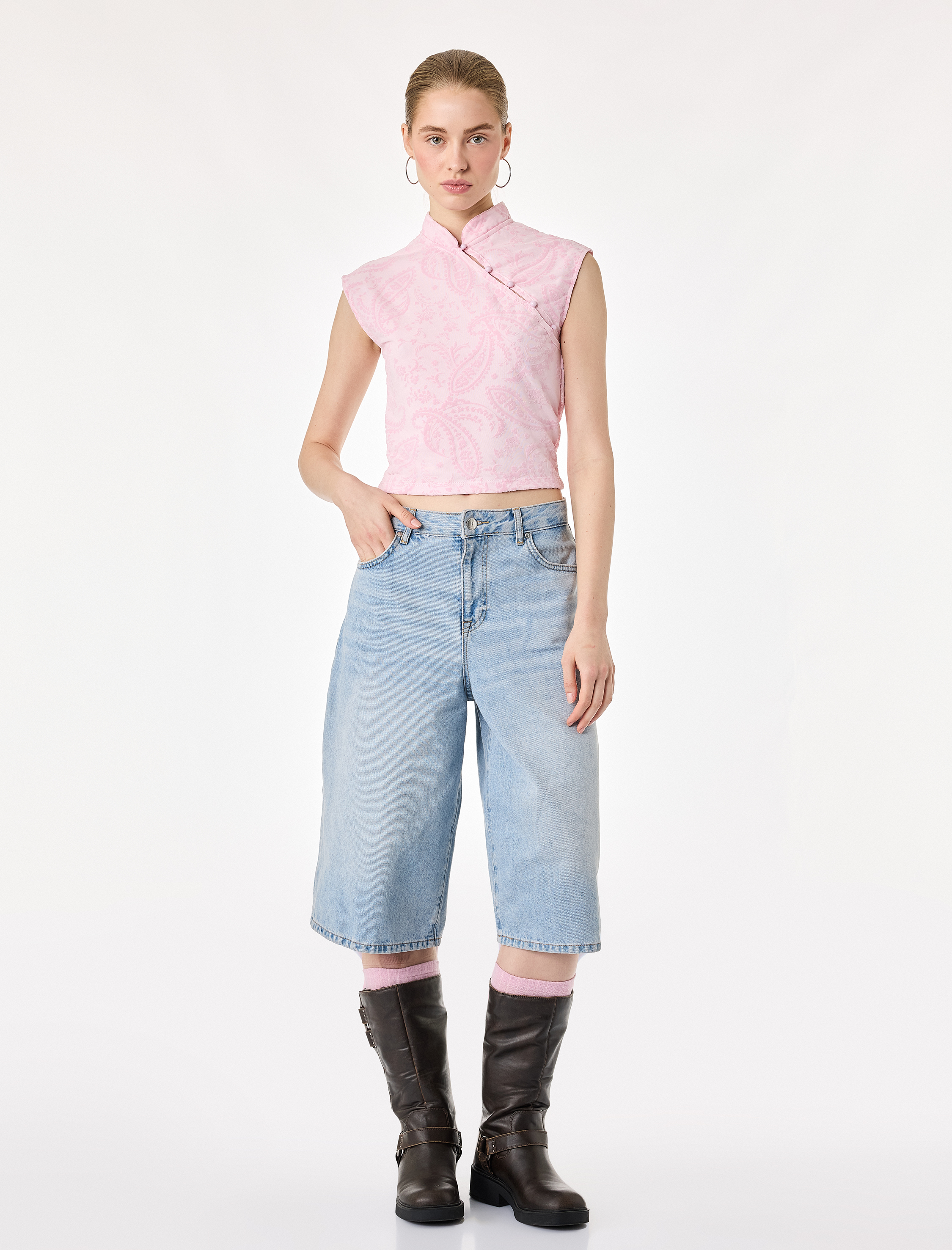 Koton Slim Fit Kolsuz Düğmeli Qipao Yaka Tül Bluz
