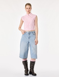 Slim Fit Kolsuz Düğmeli Qipao Yaka Tül Bluz