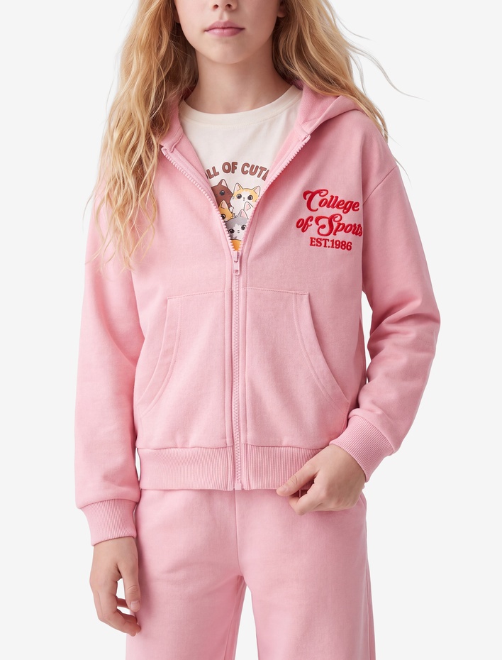 Kız Çocuk Cep Detaylı Uzun Kollu Baskılı Oversize Kapşonlu Fermuarlı Sweatshirt