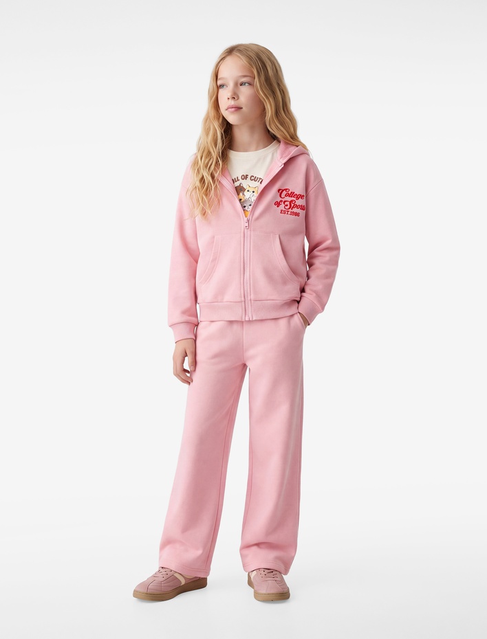 Kız Çocuk Cep Detaylı Uzun Kollu Baskılı Oversize Kapşonlu Fermuarlı Sweatshirt