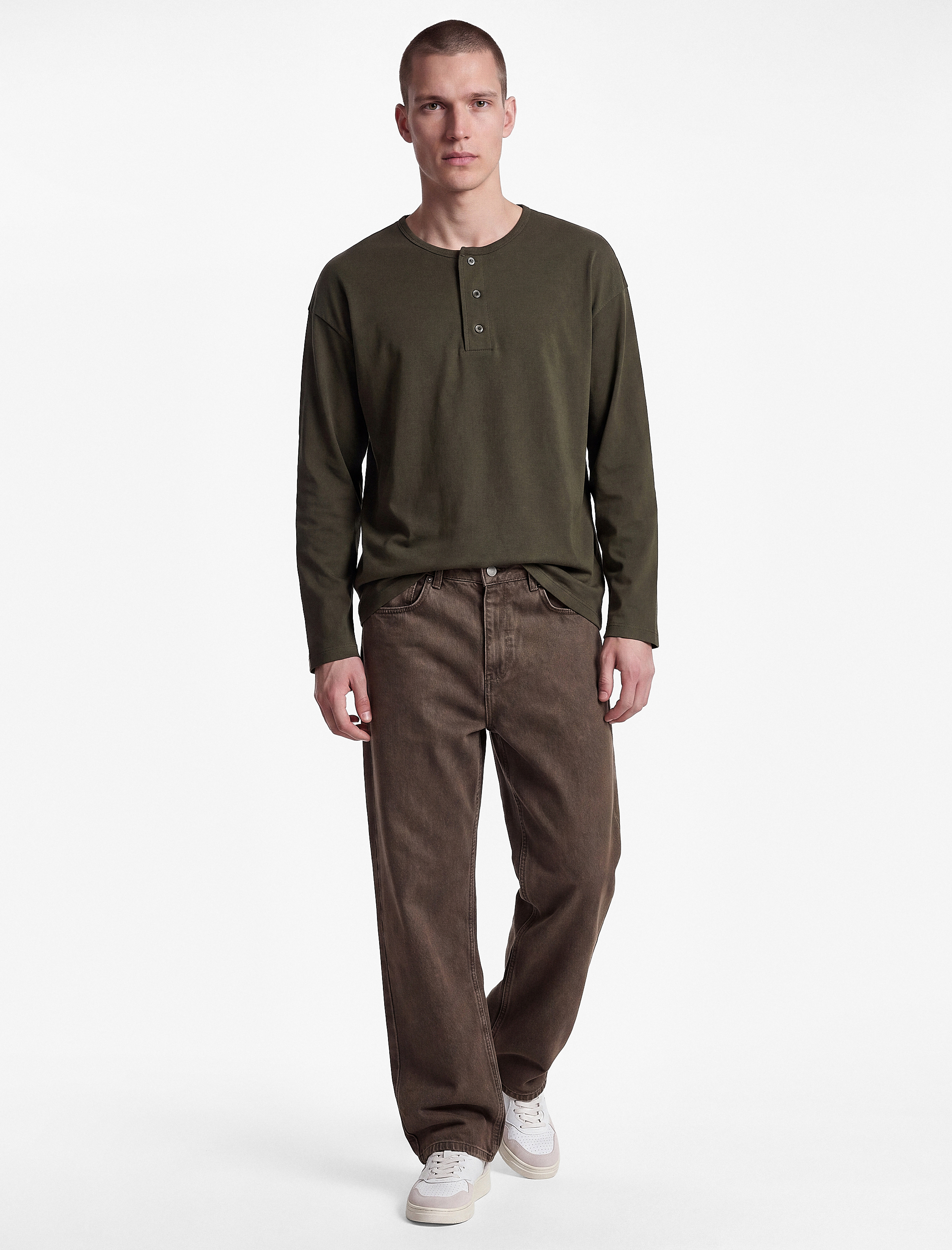 Koton Pamuklu Uzun Kollu Oversize Düğmeli Henley Yaka Sweatshirt